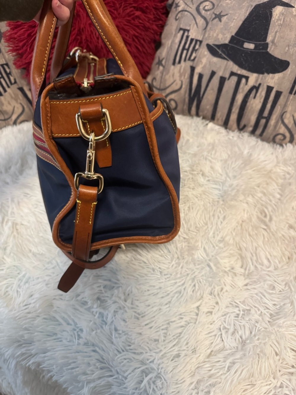 Dooney & Bourke Navy and Brown Leather Satchel with Shoulder Strap - Picture 3 of 10